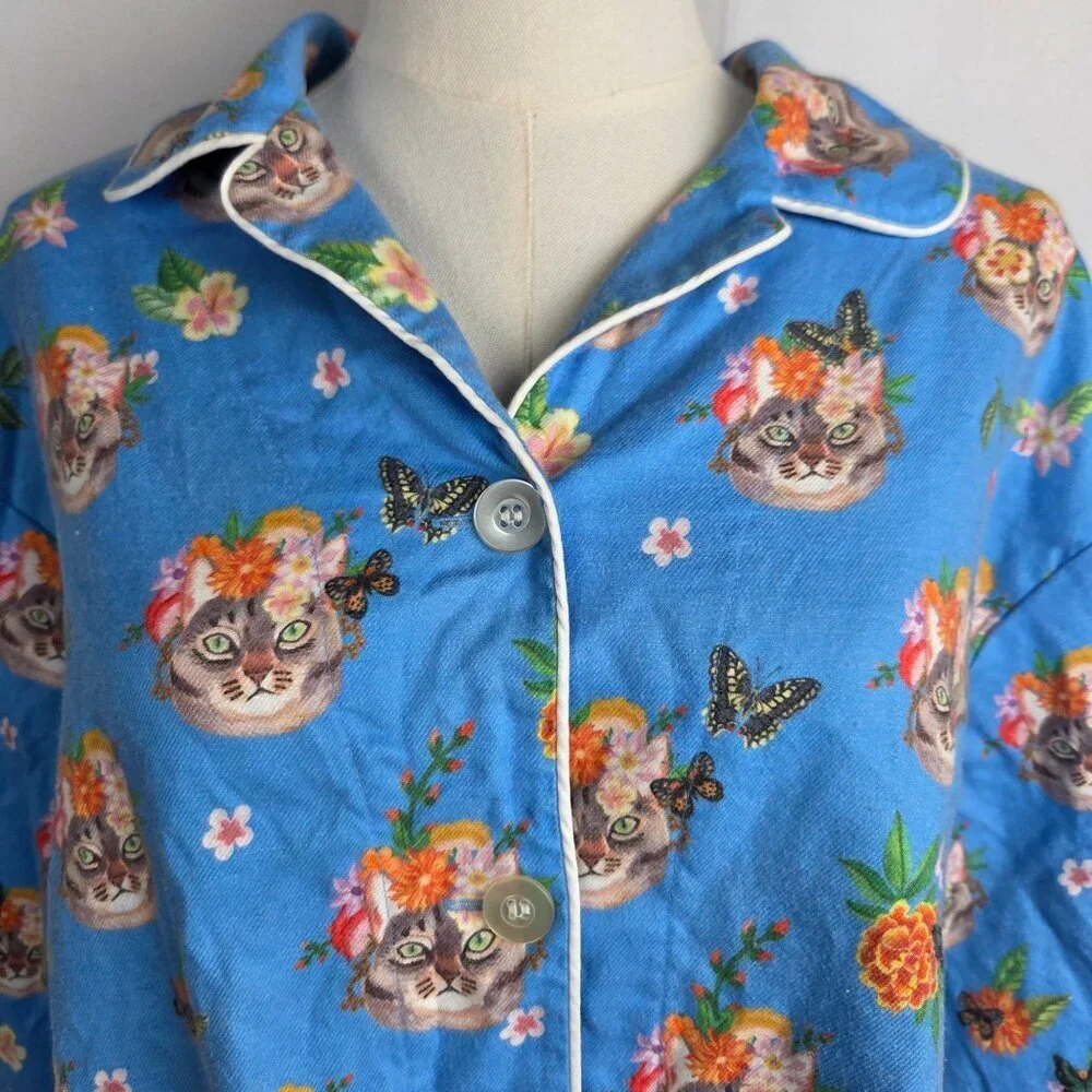 The‎ Cats Pajamas XL Flannel Pajama Top Frida-Inspired Cats Blue Peruvian Cotton